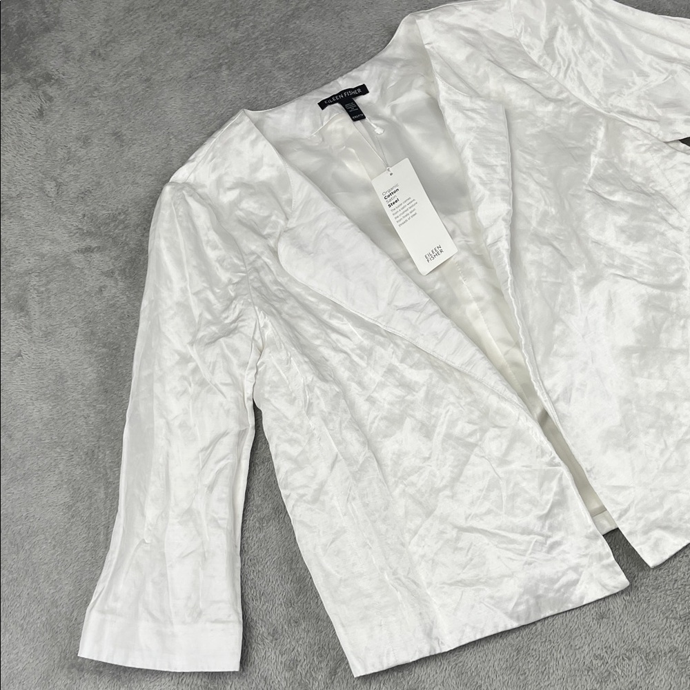 Eileen Fisher XXS Cotton Blend Satin Elegant White Women's Jacket Blazer FLAW